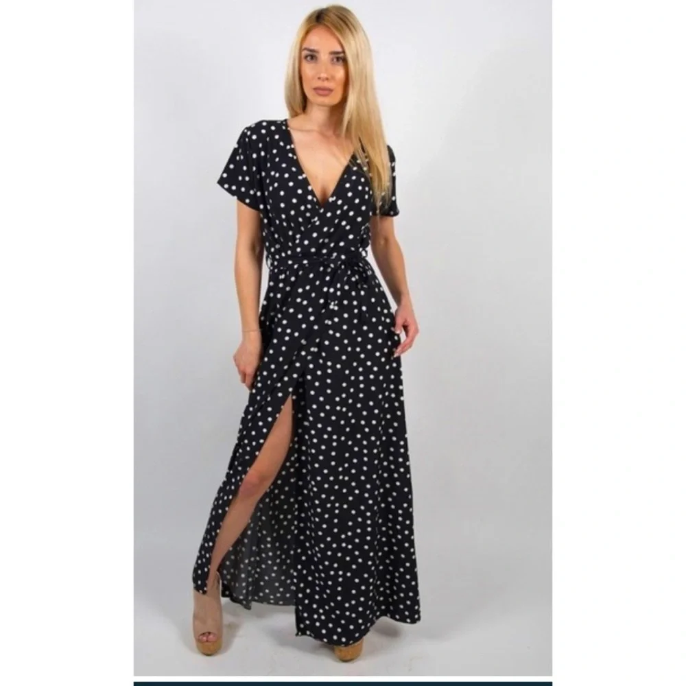 HP❤️Women’s Black High Slit Polka Dot Maxi Dress Sz S - Picture 1 of 7